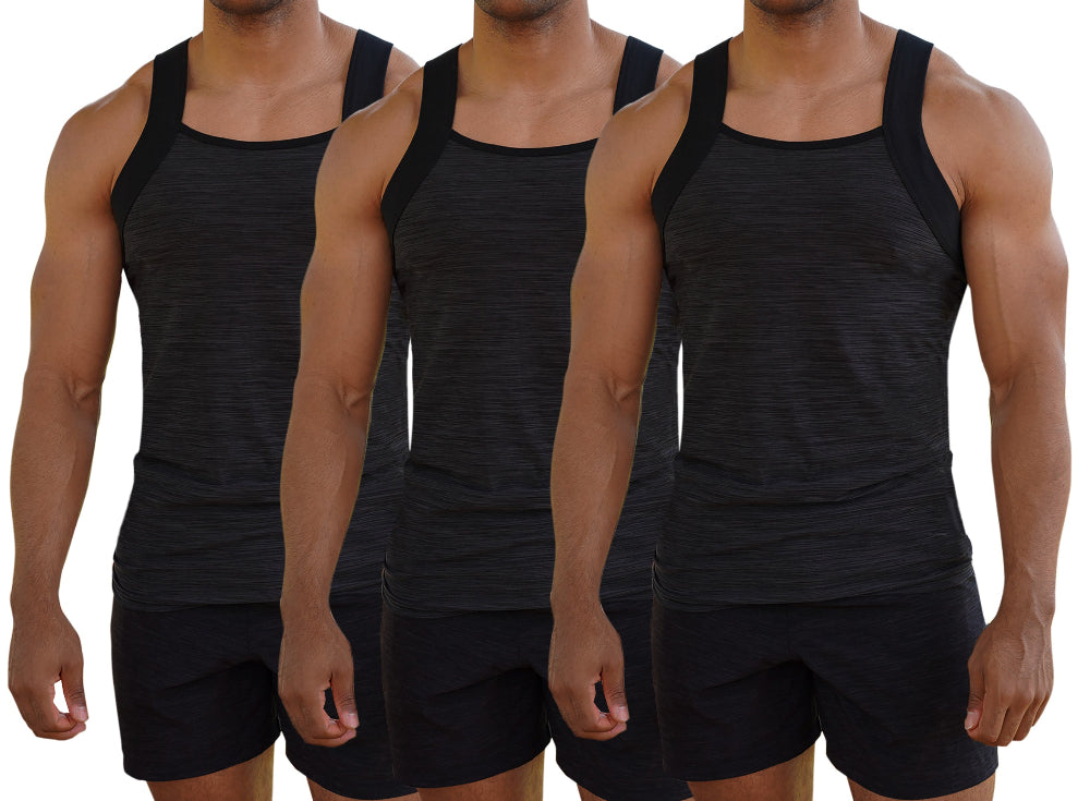 Three identical black tank tops