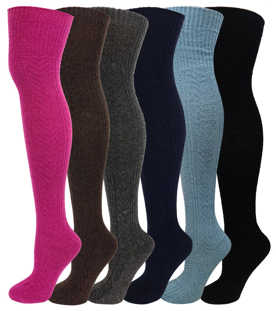 Women’s thigh high wool winter socks – cable knit over-the-knee style 6 pack