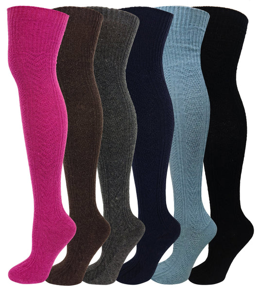 Women’s thigh high wool winter socks – cable knit over-the-knee style 6 pack