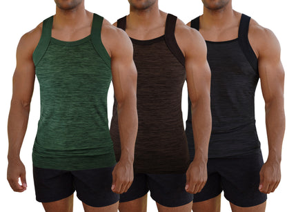 Square Cut G-unit Style Tank Top | Athletic Dry Fit Black/Brown/Olive | Men's (3 Pack)