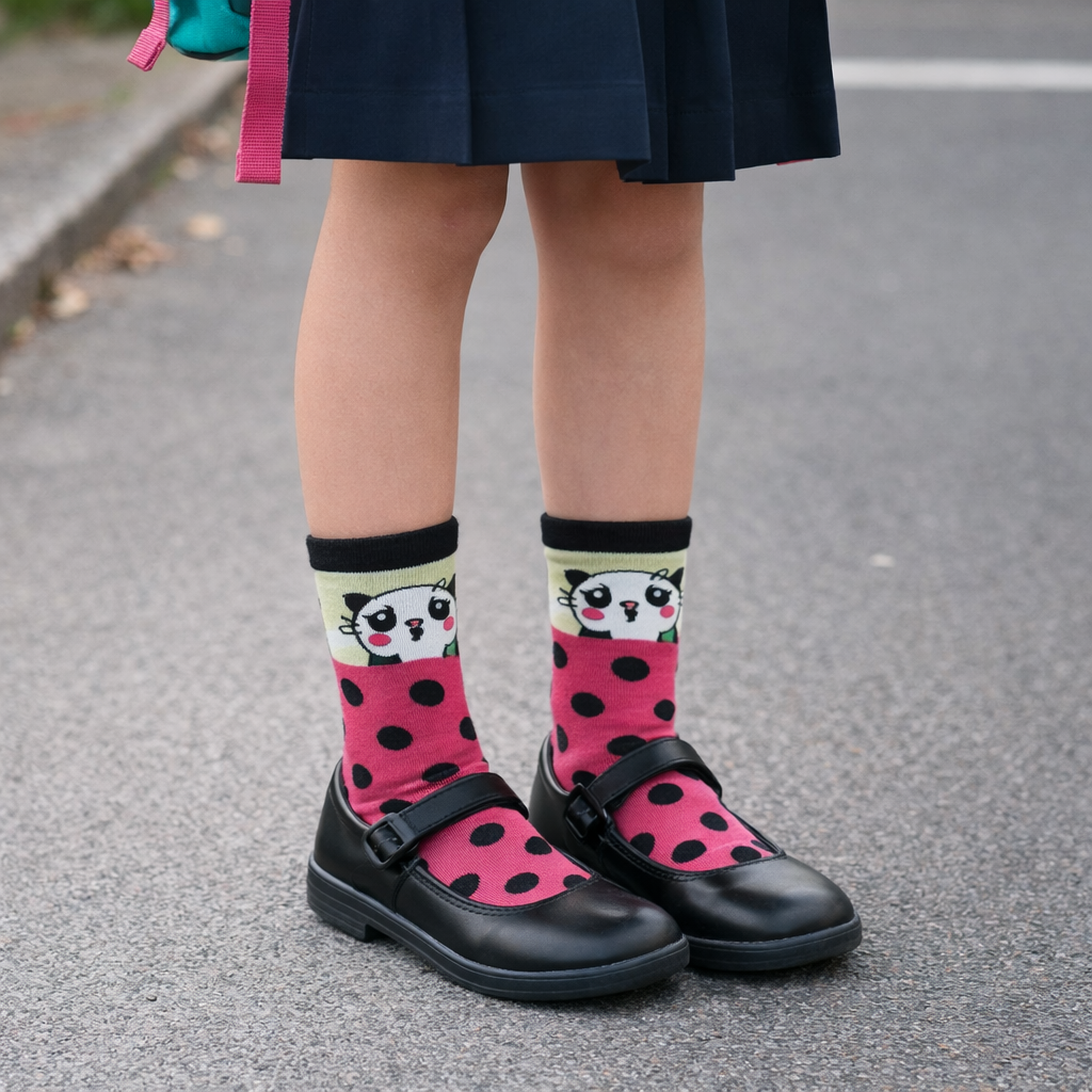 Person wearing pink polka dot shoes and socks with cat designs on a road.