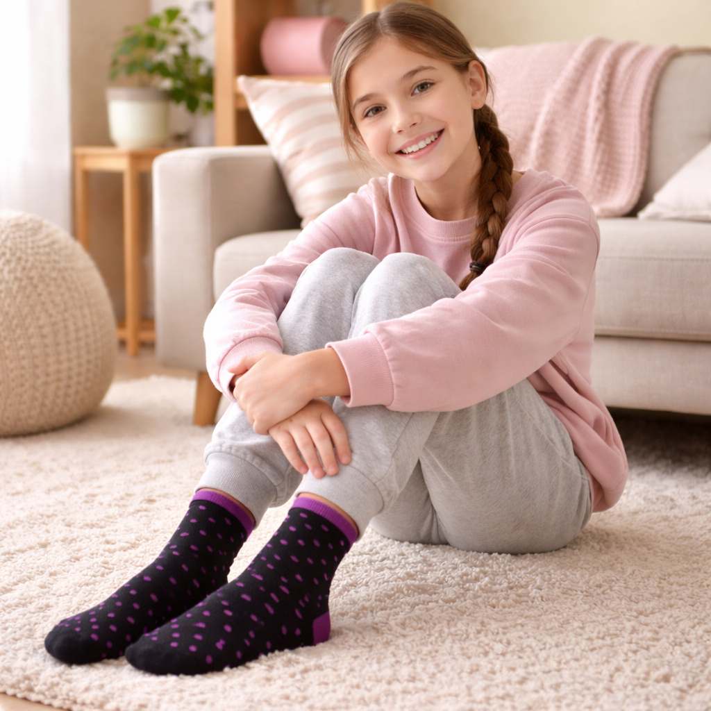 Young Girls wearing colorful novelty crew socks while playing at home
