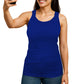 Woman wearing a Navy blue tank top on a white background