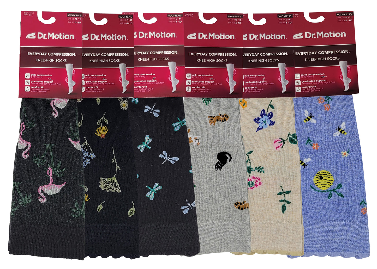 Knee High Compression Socks | Dr. Motion Assorted Novelty Colors | Women (6 Pairs)
