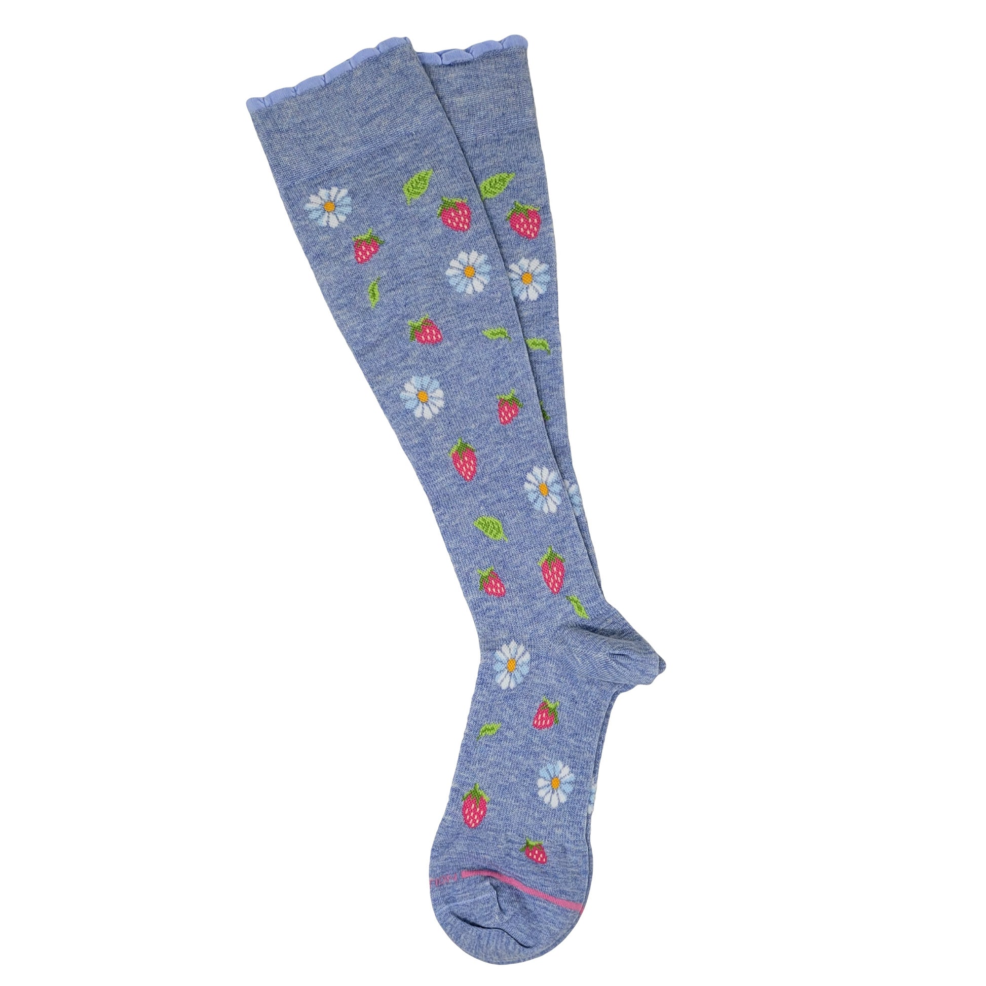 Dr. Motion Blue knee-high socks with strawberry and flower patterns on a white background