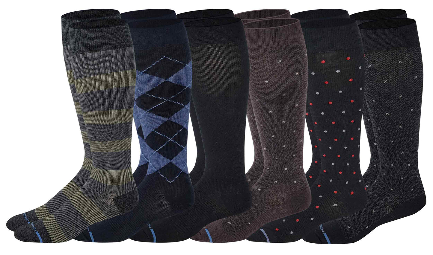 Knee-High Compression Socks | Assorted Design | Dr Motion Men's (6 Pairs)