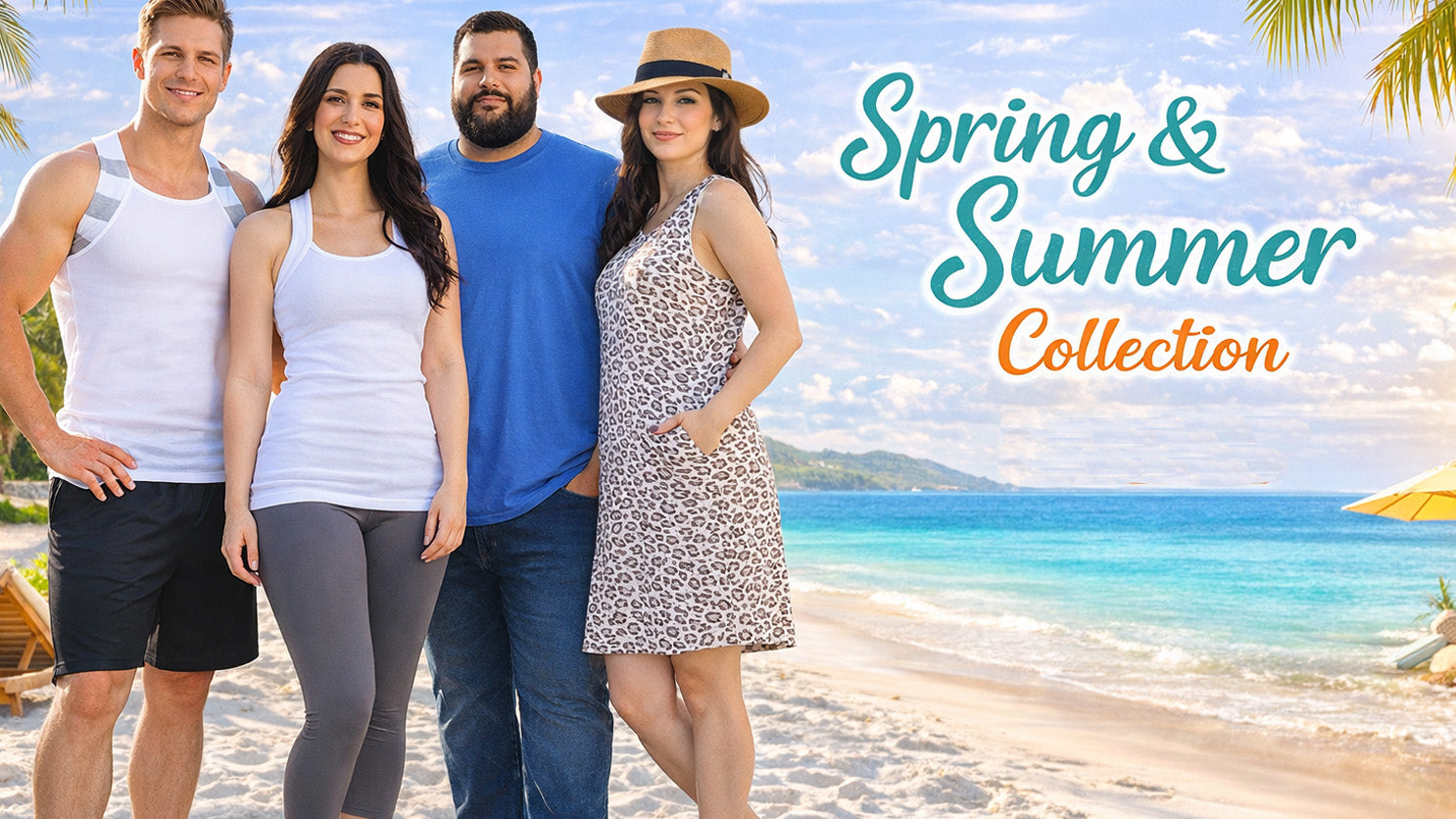 Spring & Summer collection beach fashion banner with men and women wearing Tank Tops T-Shirts, Hats and casual outfits – Different Touch