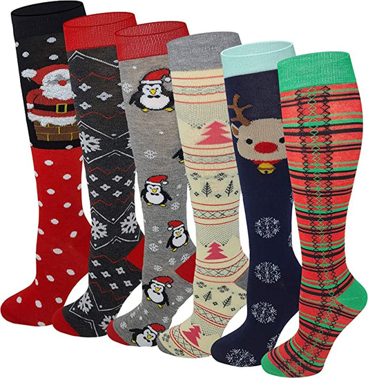 Women’s Merry Christmas knee-high socks – colorful holiday novelty design 6 pack