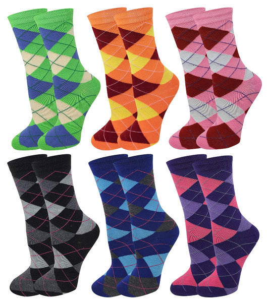 Women’s argyle novelty dress socks – colorful 6 pair crew pack by Sumona