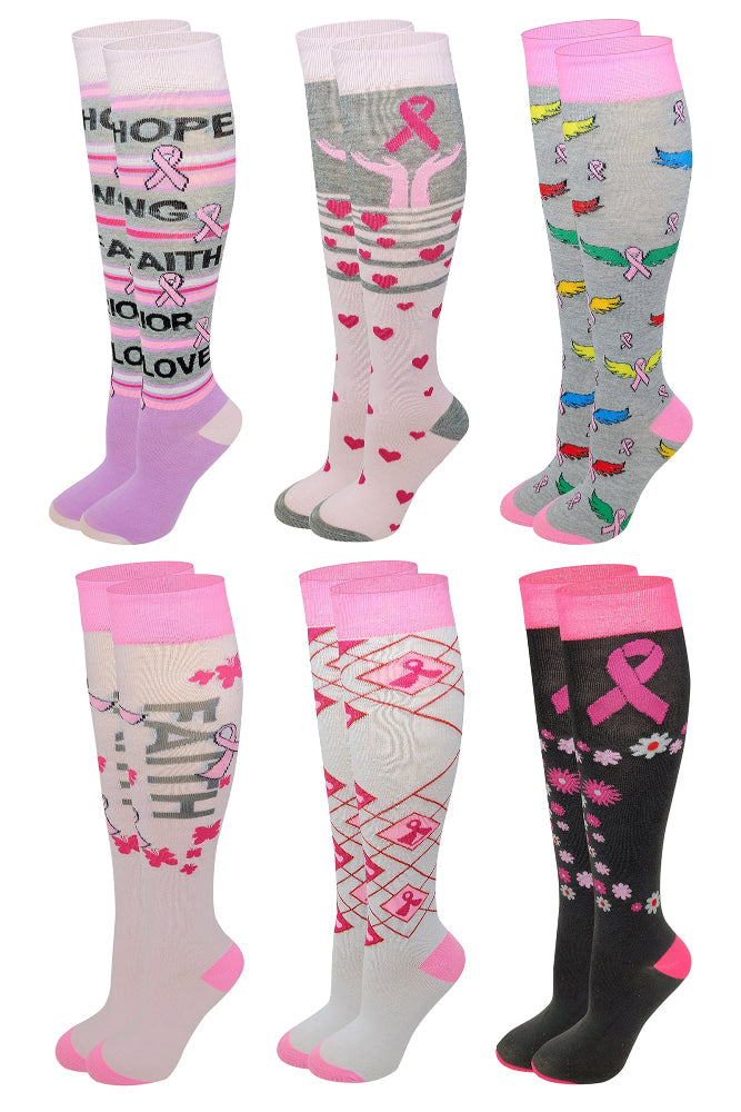 Women’s breast cancer awareness knee-high socks – pink ribbon designs 6 pack