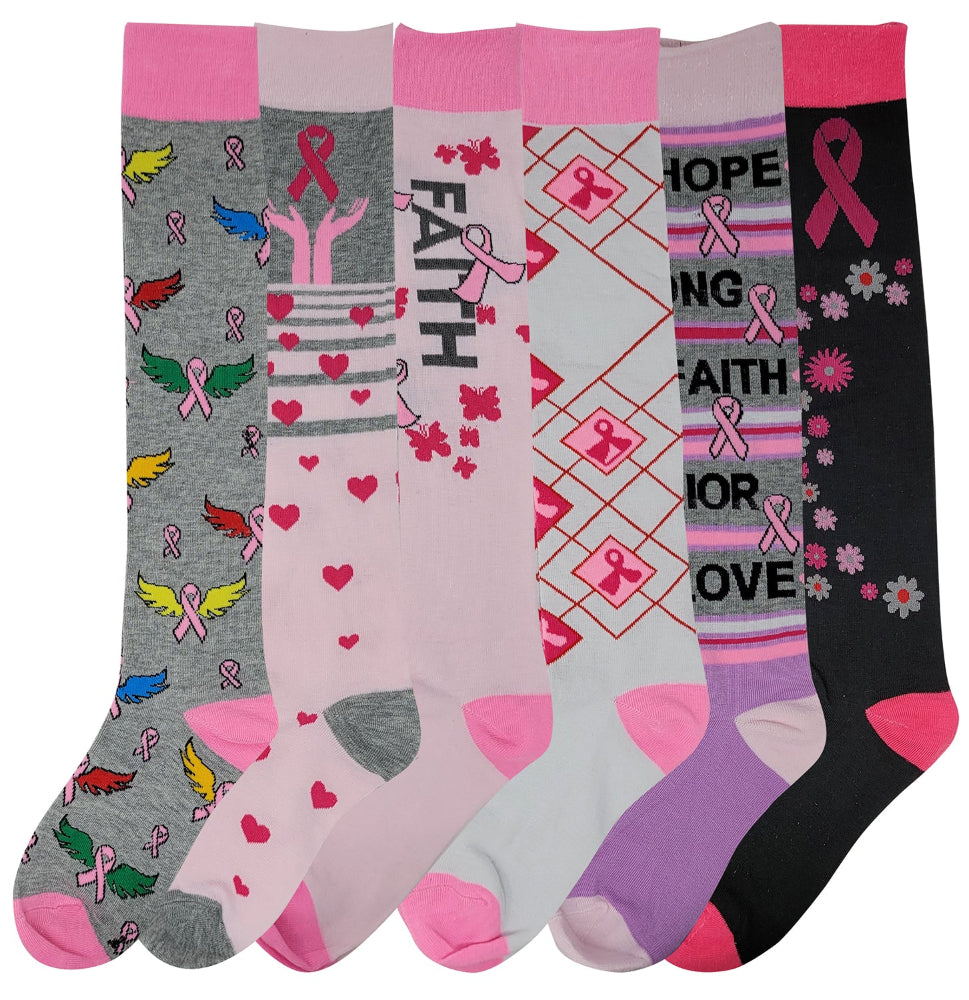 Women’s pink ribbon argyle knee-high socks – breast cancer awareness theme
