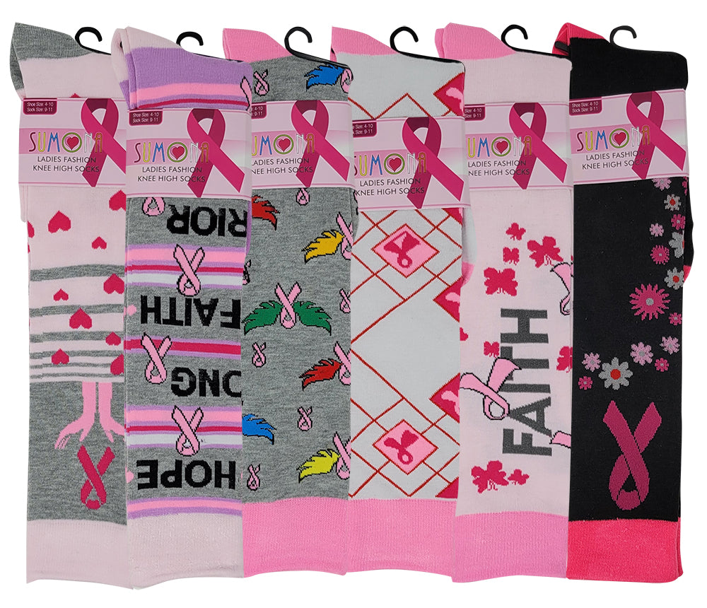 Women’s knee-high awareness socks – pink, black, and white ribbon patterns