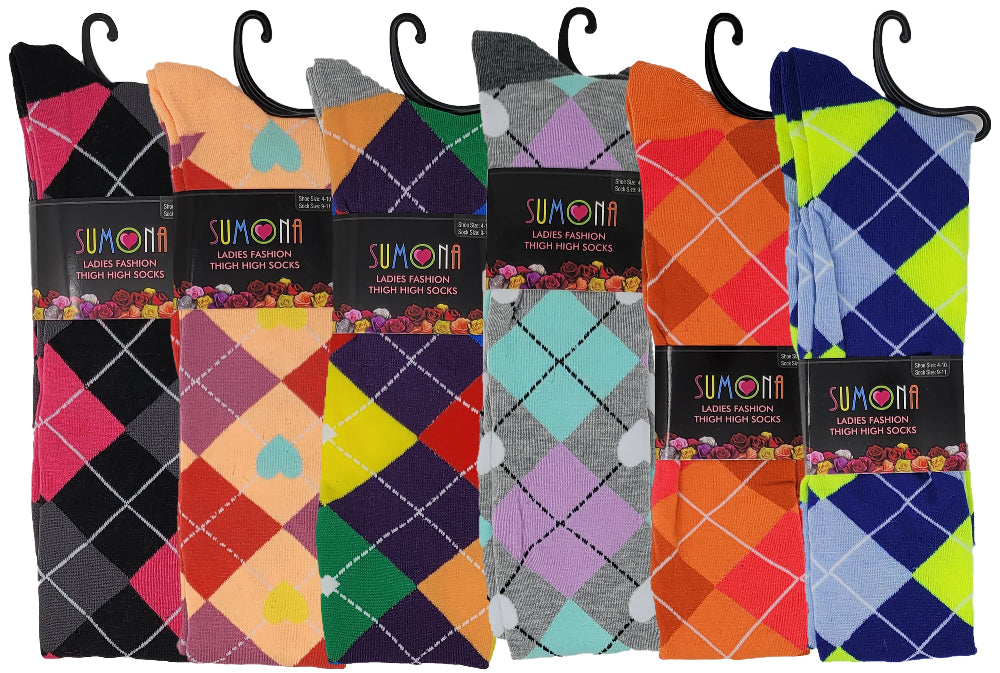 Women’s bright argyle thigh high socks – 6 pack fashion set